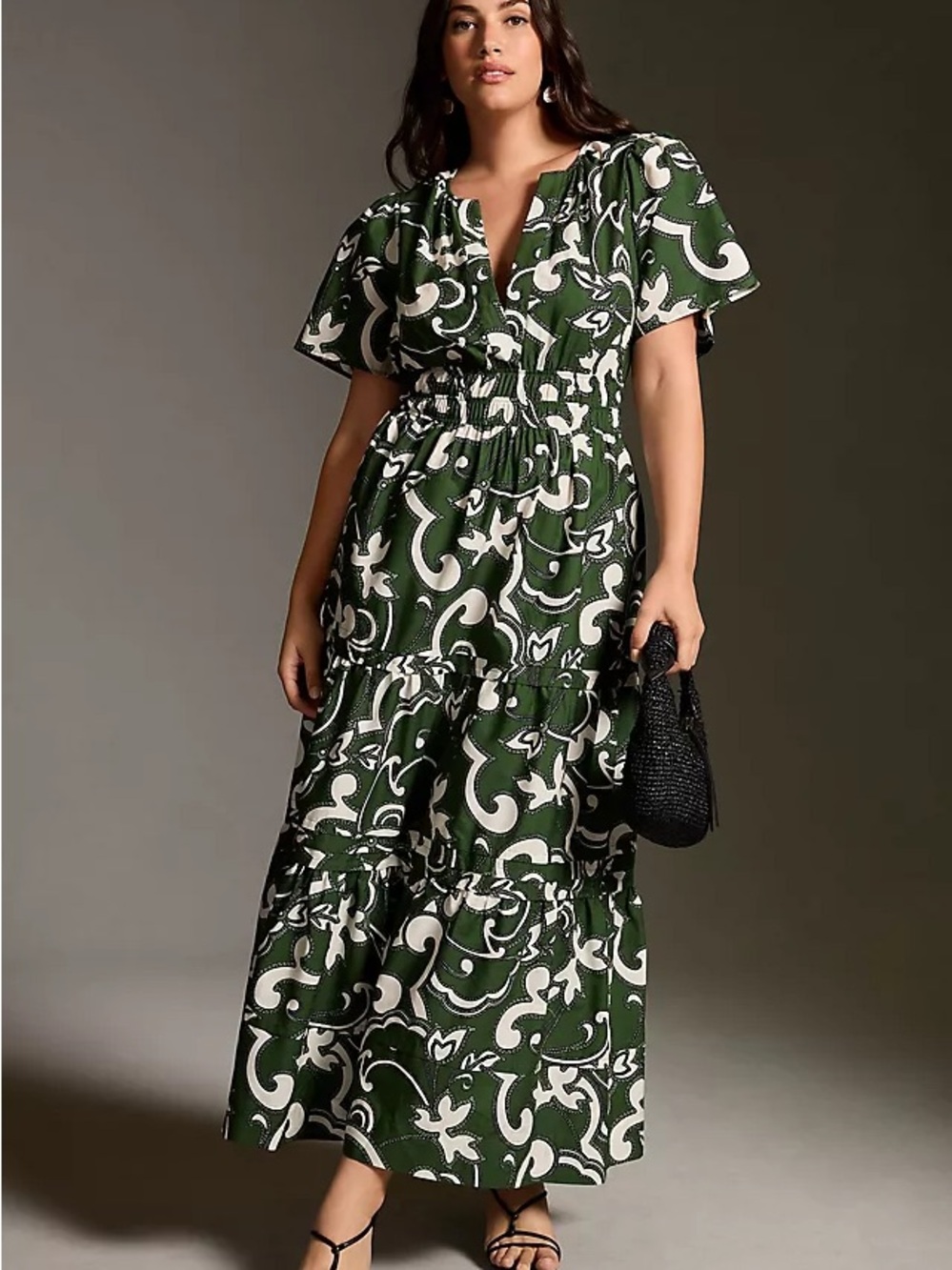 Anthropologie Green and White Printed Maxi Dress